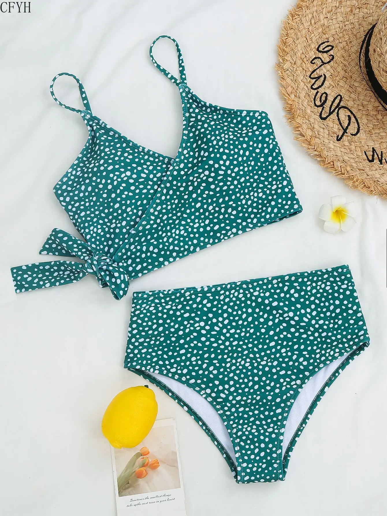 

2020 New Women Sexy High Waist Polka Dot Print Push-Up Padded Bandage Swimwear Halter Bikini Top Set Bathing Suit Split Swimsuit