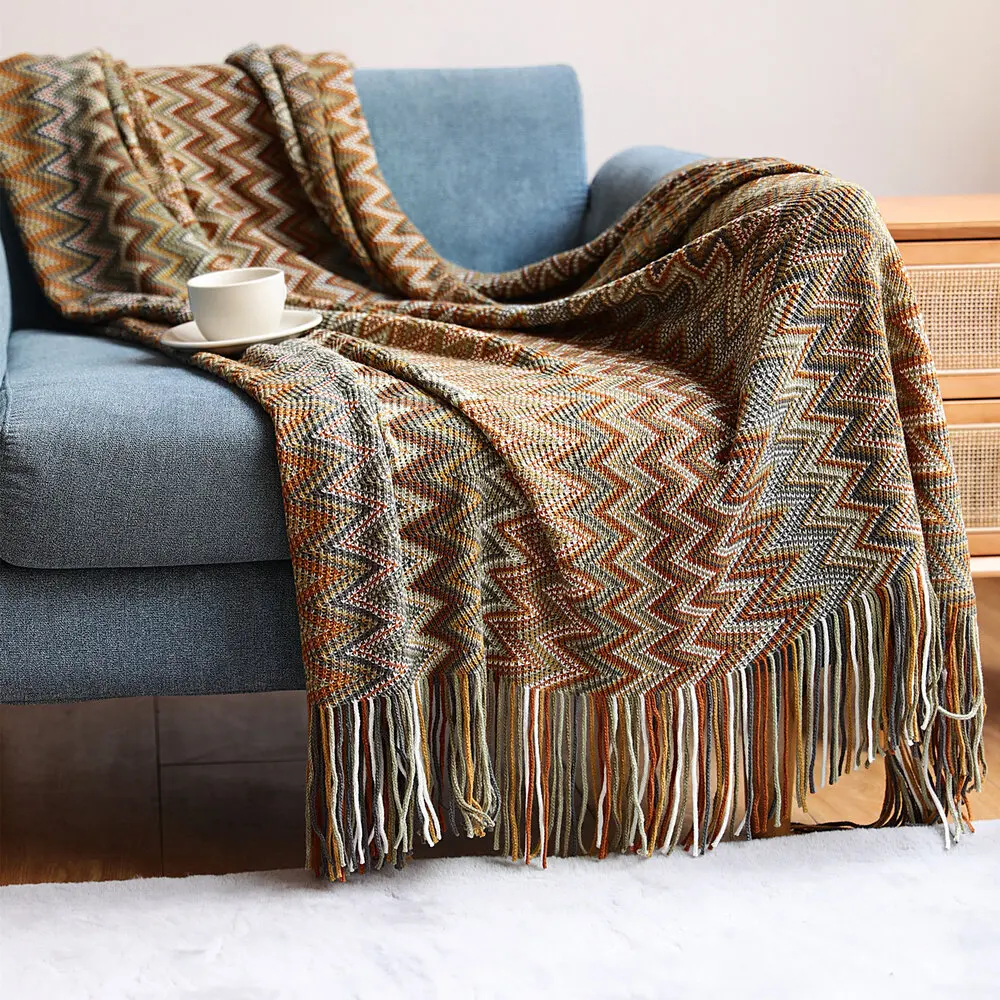 

Sofa Throw Hand Knitted Blanket with Tassel Summer Blanket Bed Travel Breathable Chic Bohemian Soft Comfortable Blanket