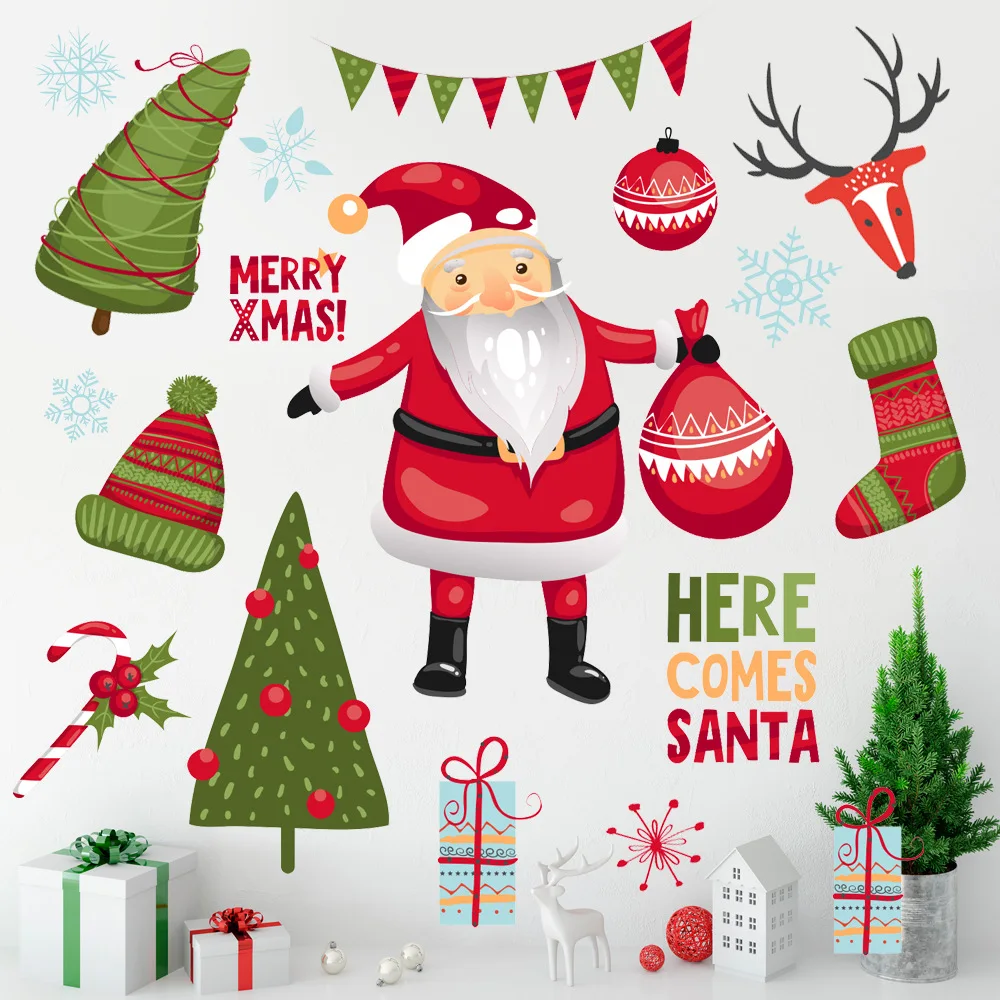 Рождественская Наклейка на стену съемный Санта снеговик сани лось елка наклейки