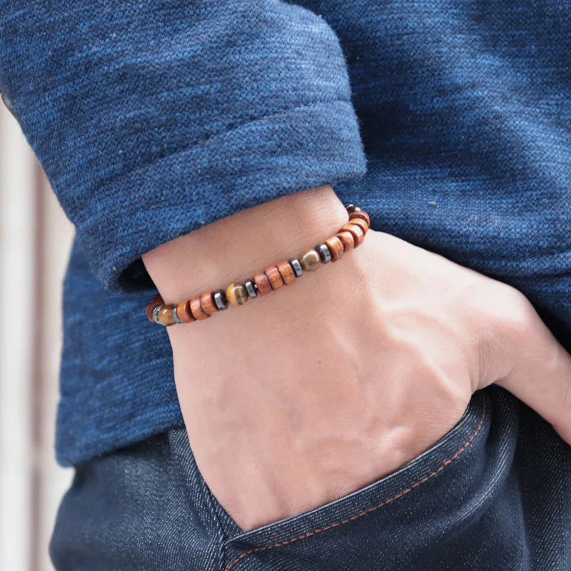 Мужской деревянный браслет ручной работы античный в стиле бохо с бисером мужской