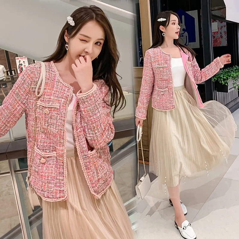 

Winter Single Breasted Weave Female Fashion Vintage Outerwear 2021 New Women Pink Tweed Jacket Coat Runway Autumn