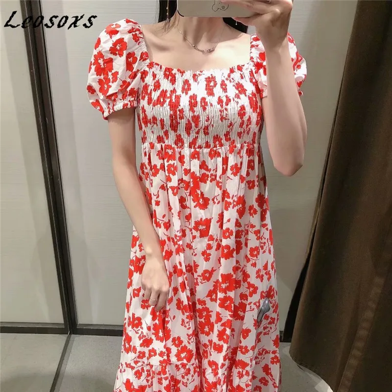 

Leosoxs fashion poplin floral dress women Resort style casual all-match square collar puff sleeve midi dresses 201 summer new