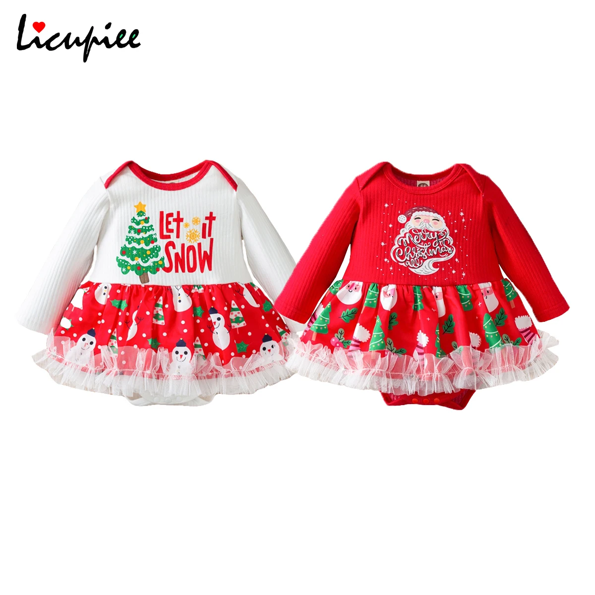 

Комбинезон с рождественским принтом для маленьких девочек, детская одежда с длинным рукавом, кружевной юбкой с оборками и пуговицами-засте...