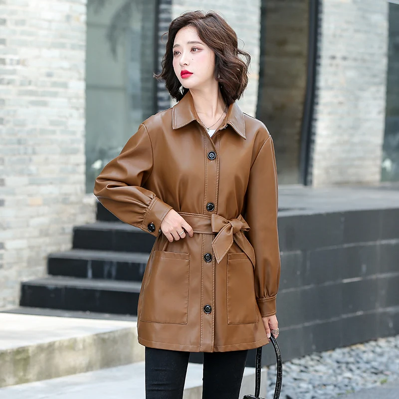 

Hot 2021 Autumn New Women Long Leather Jacket Slim Belt Oversize Motorcycle PU Coat Female Trench