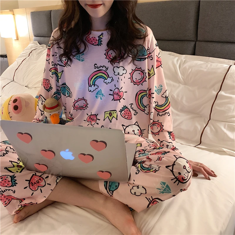 

Pajama Sets Women Long Sleeve O-neck Printed Leisure Kawaii Women Home Wear Elegant Chic Comfortable Soft Simple Sleepwear New