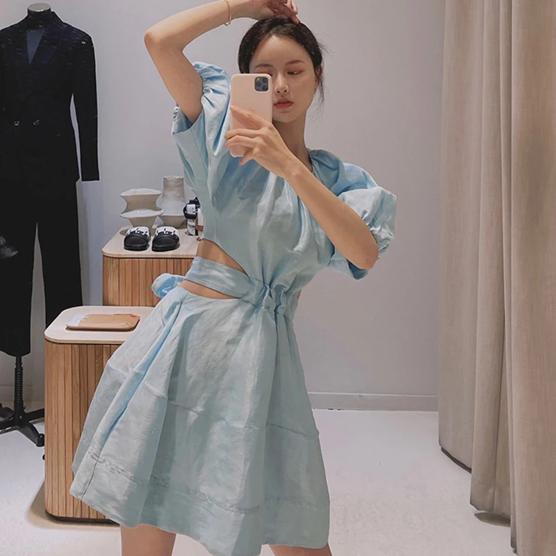 

Hollow Out Lace Up Dress For Women O Neck Puff Sleeve High Waist Mini Summer Dresses Female Fashion New Clothing