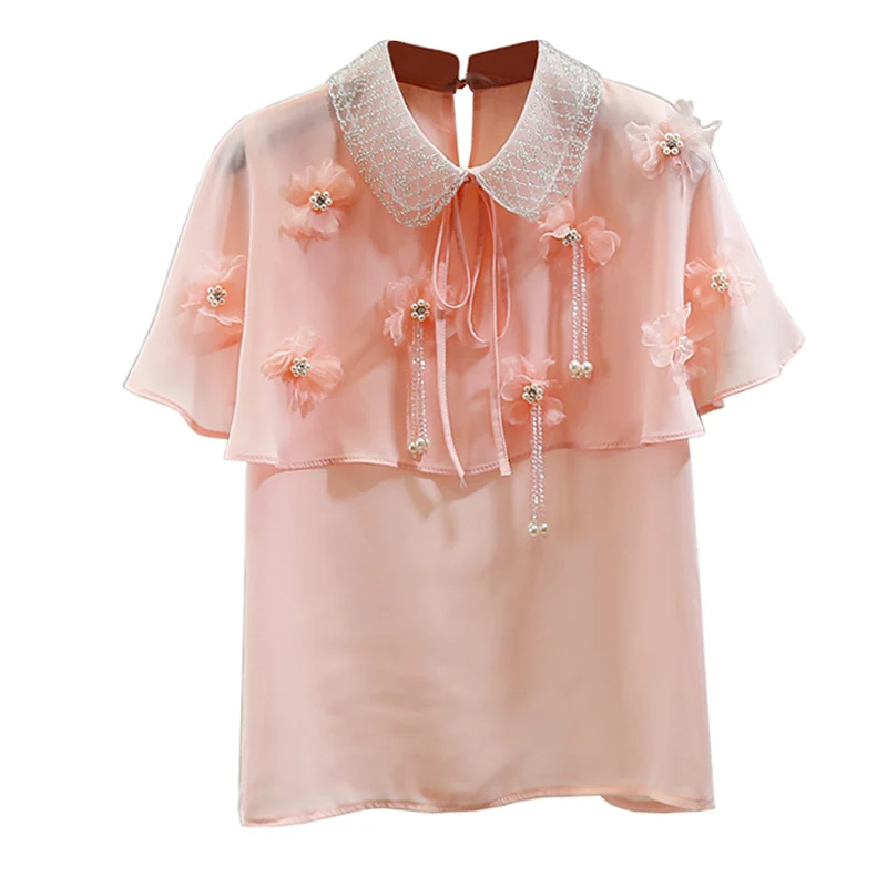 

Heavy Industry Beads Diamond Sweet Pink Shirt and Tops Lace-up Doll Collar Lotus Leaf Chiffon Shirts for Women Summer Blouse
