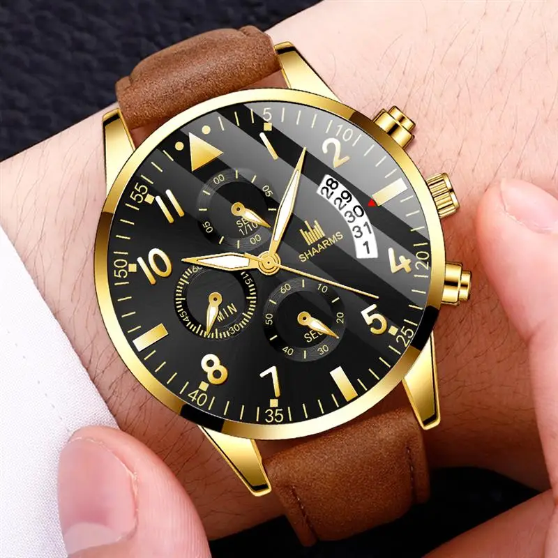 SHAARMS мужские черные часы роскошный кожаный ремешок нержавеющая сталь кварцевые