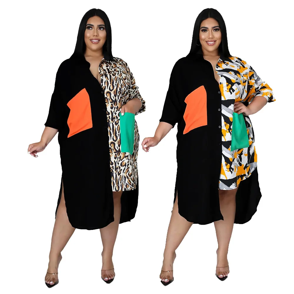 

2021 Summer Plus Size Woman Dresses Casual Printing Three Quarter Irregular Color Matching Loose Office Lady Long Shirt Dress