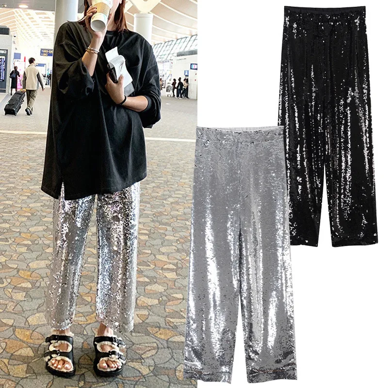casual New pants bright flash chip solid color personality loose wide leg pants women s pants