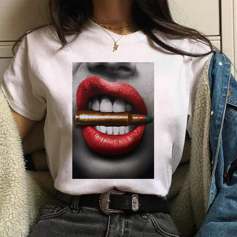 

Graphic Lips t shirt Top Soft Oversized Cotton Color Streetwear Printed Casual Tee Female/Man T-Shirt