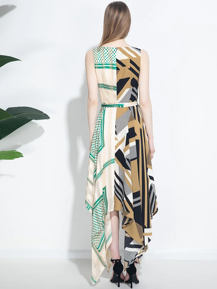 

2020 Beach Style Summer Dress Young Lady Mid-Calf Dress with Sashes Irregular Hem Runway Dress Turn-down Collar FL1122