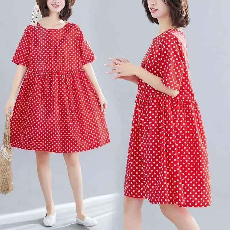 

2021 New Plus Size Loose Korean Cotton Dress Women Summer Short Sleeve Lady Mid-Length Polka Dot Red Dress For Women Clothing