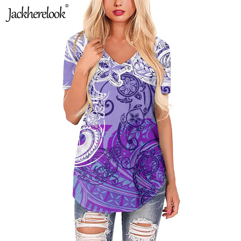 

Jackherelook Purple Hawaii Turtle Polynesian Tribal Hibiscus Print Women's Loose Top Shirts Casual Short Sleeve Blouses Mujer