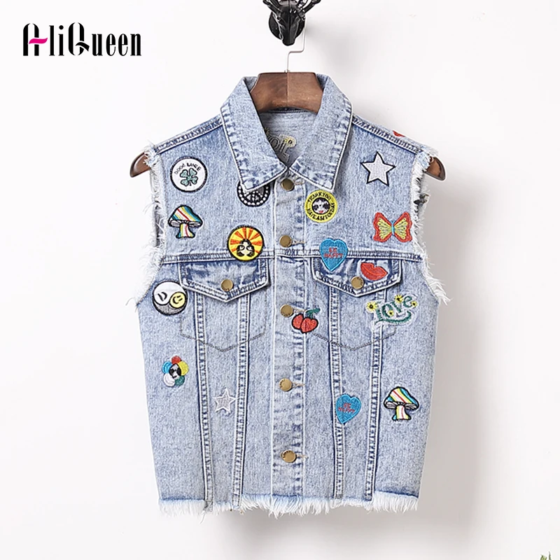 Женский джинсовый жилет с аппликацией летний короткий из денима без рукавов 2020 |