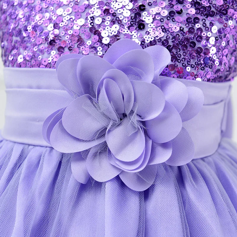 

Flower Girls Dresses Sequined Appliques Tulle Lace Sleeveless Bow O-Neck Luxury Purple Knee-Length Kids Party Princess Gown F142