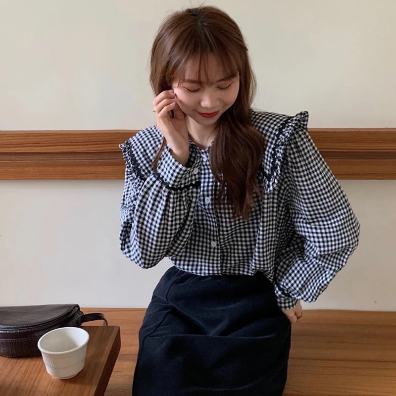 

QOERLIN Women Chic 2021 New Color-Hit Plaid Shirts Sweet Retro French Gentle Long Sleeve Sailor Collar Elegant Blouse Female Top