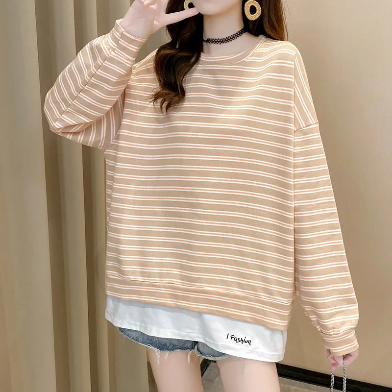 

2021 New loose early autumn cotton long-sleeved striped fake two-piece women's hooded top tide
