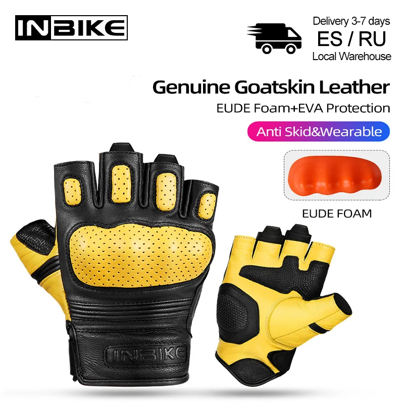 

INBIKE Motorcycle Gloves Half Finger Goatskin Leather Motorbike Gloves Summer Cycling Gloves Fingerless Breathable Offroad CM206