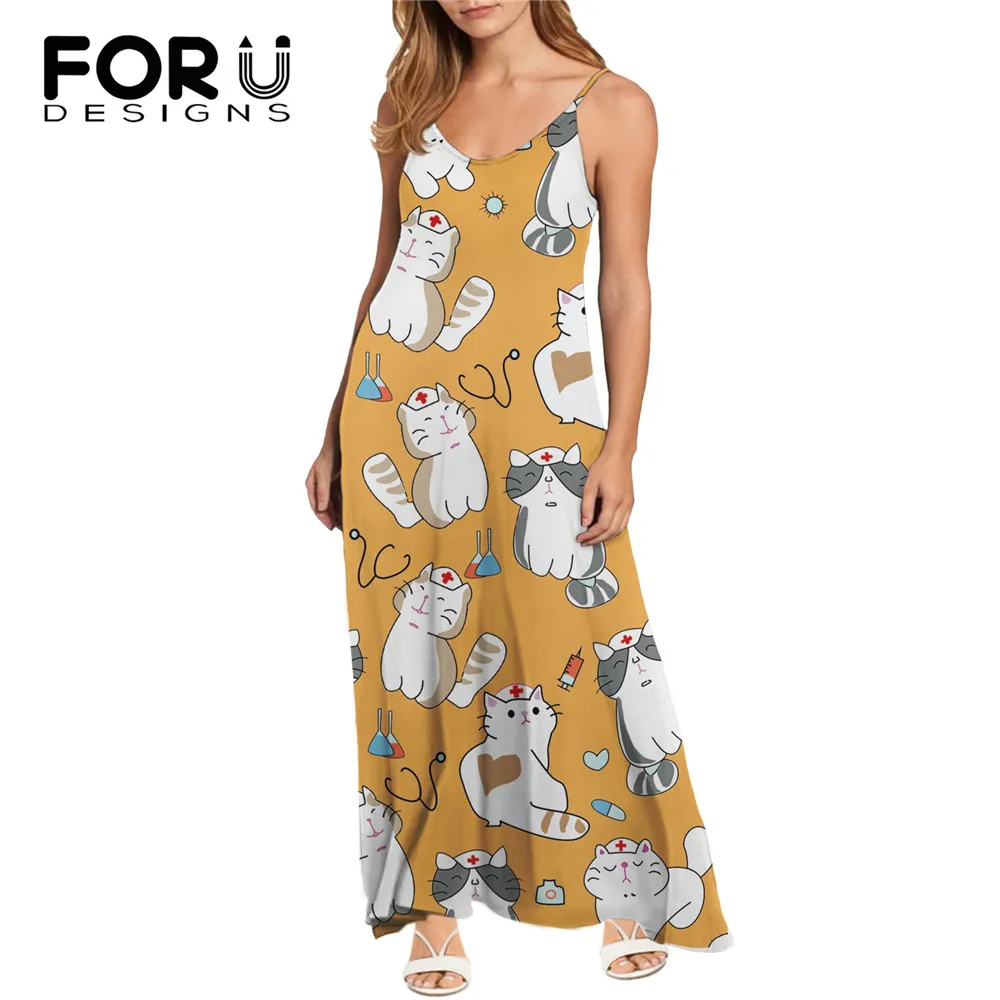 

FORUDESIGNS Sexy Sleeveless Maxi Dresses for Ladies Cartoon Nurse Cats Print Women Casual Backless Beach Dress Vacation Sundress