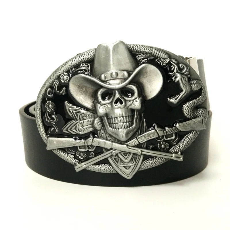 Cool Men's Designer DIY Male Belt Western Big Skull Pirate Belt Buckles Metal Cowboy Black PU Leather Belts for Men Jeans Casual