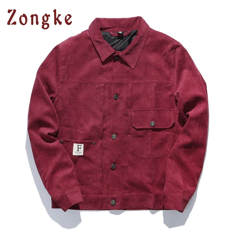 Zongke Новая Осенняя Вельветовая повседневная мужская куртка Брендовое приталенное пальто-бомбер мужские пальто ветровка модная M-5XL - Цвет: Wine Red