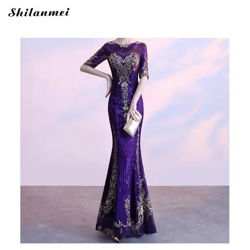 Фиолетовые Блестки вечерние длинные платья женские Элегантные Плюс Размер