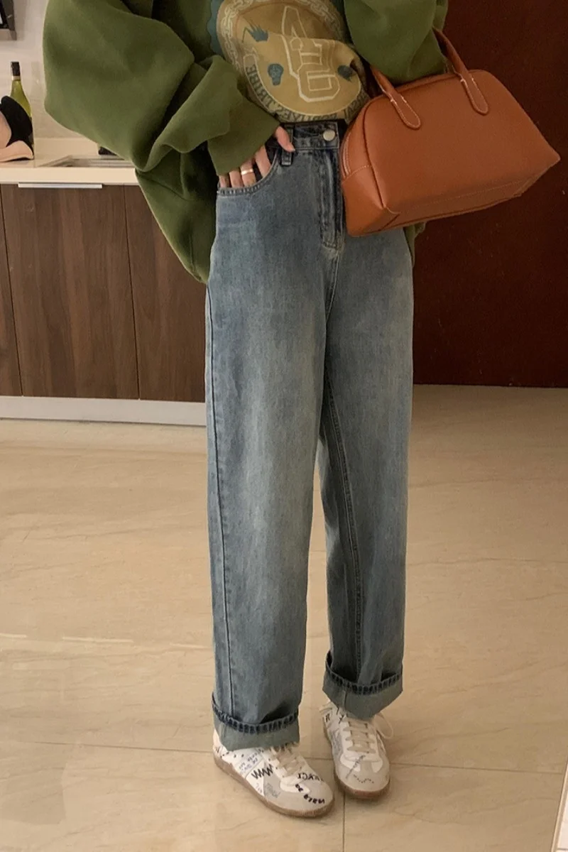 Джинсы женские брюки для папы на осень и зиму широкие с высокой талией