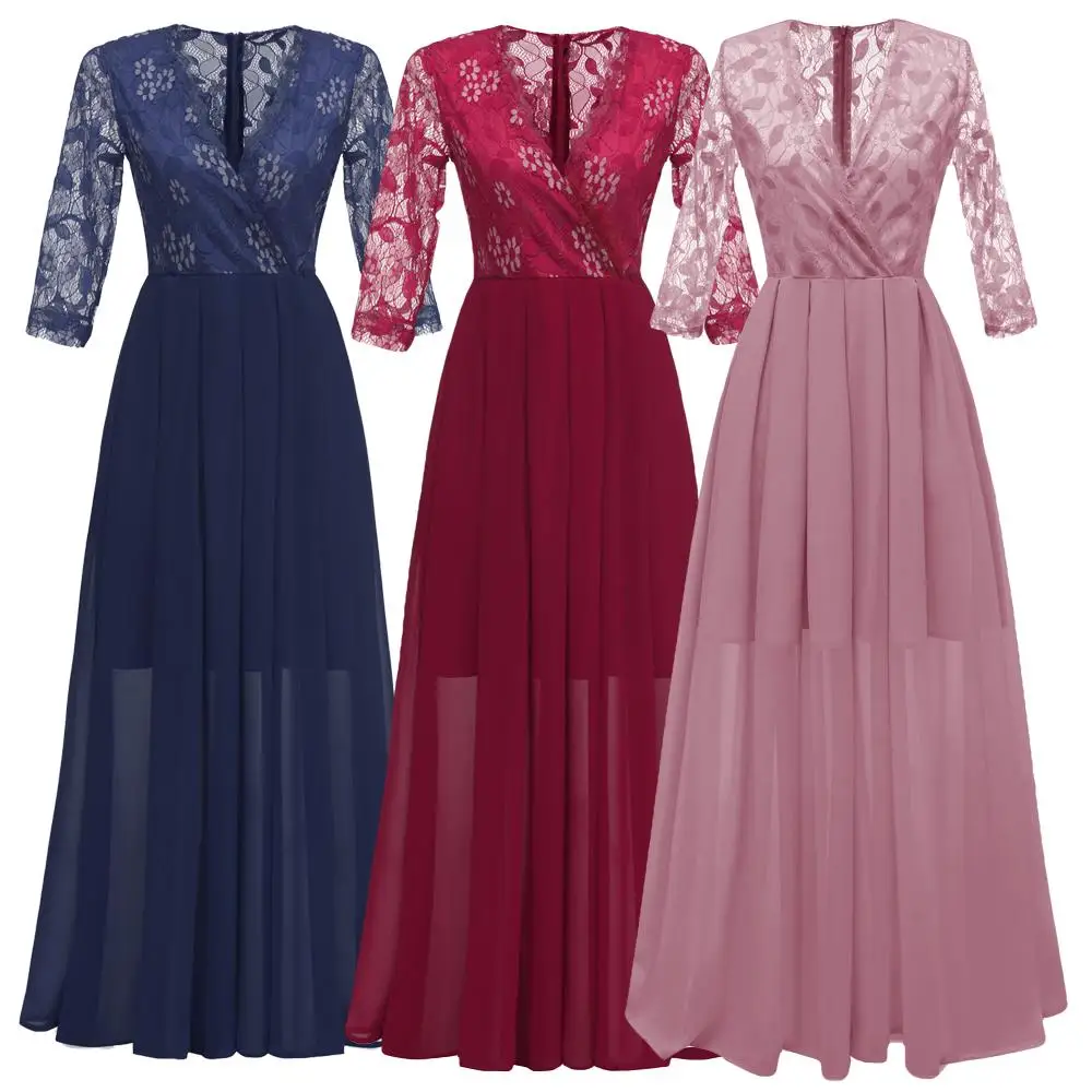 Женское кружевное шифоновое длинное платье макси с v образным вырезом для