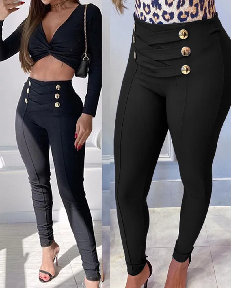 

Black Long Pants Women High Waist Breasted Pants