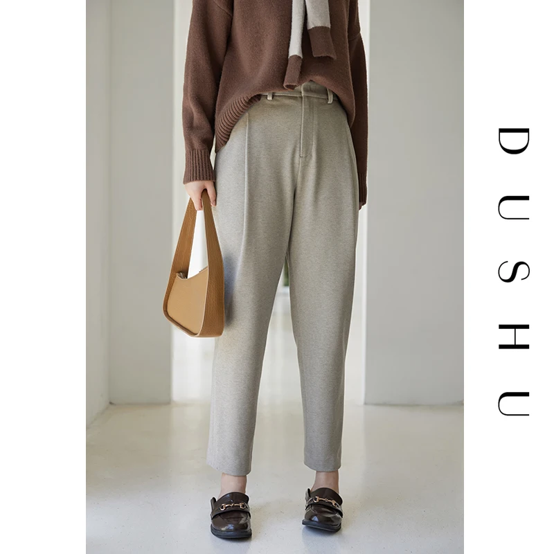 

DUSHU Wool Blend Plus Size Pants Capri Women Pleated Oversize Loose Casual Pants Autumn Winter Female Gray High Waist Trousers