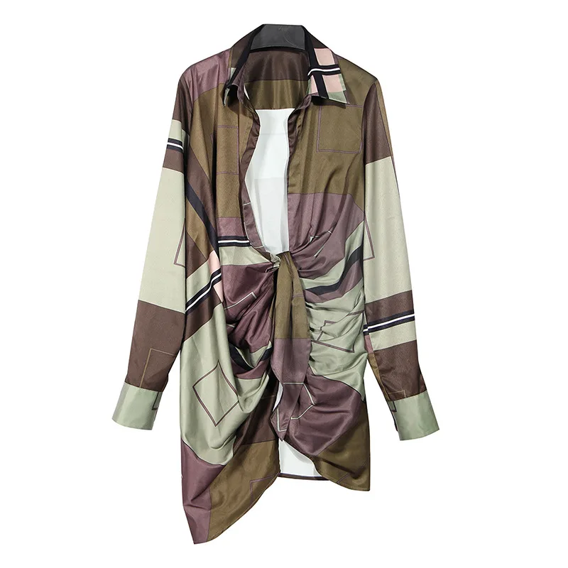 

Printed Shirt Autumn 2021 New Geometric Color Pleated V Neck Turn-down Collar Office Lady Womens Tops