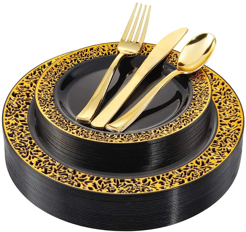 

125pcs Black Plastic Plates with Disposable Silverware - Black with Gold Lace Dinnerware for Wedding&Parties,Serve for 25 Guests