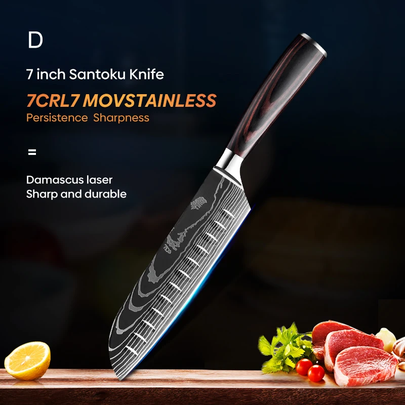 

Kitchen Knives Set Professional Chef Knives Stainless Steel Damascus Pattern Santoku Cleaver Slicing Knives Cooking Tool