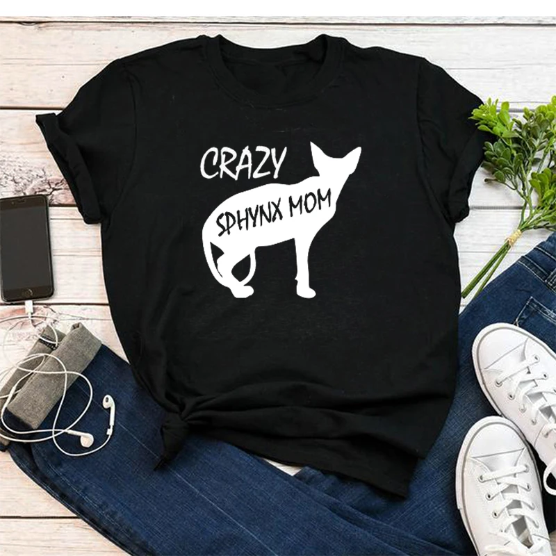 Crazy Sphynx Cat мама мамочка мама женский короткий рукав Топ Tees90s Хлопок Забавный буквенный принт графическая футболка с круглым вырезом Прямая поставка