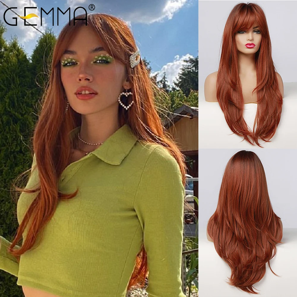 GEMMA Long Straight Ombre Black Orange Wine Red Wig with Bangs Synthetic Wigs for Women Heat Resistant Layered Cosplay Daily Wig