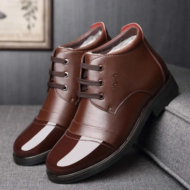 

Winter Warm Men Shoe High Top Male Ankle Boots With Fur Microfiber Leather Dress Shoes Plush Luxury British Business Footwear
