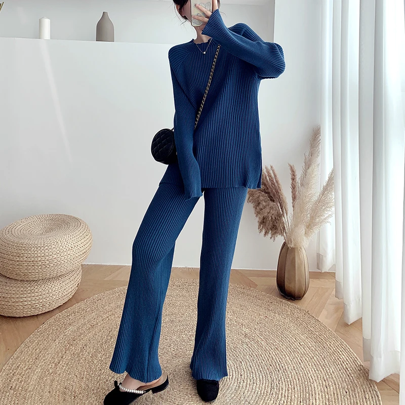 

Fashion Lace Trim Temperament Knitted Pants 2 Piece Casual Set Women Autumn V Neck Long Sleeve Cardigan Sweater + Pants Suits