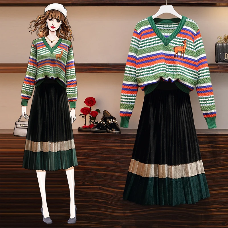 Женский костюм большого размера Осенний разноцветный свитер + Вельветовая юбка