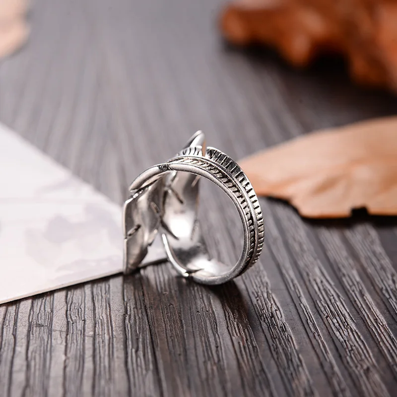 

New Arrival 925 Sterling Silver Big Feather Rings For Women Ladies Adjustable Rings Vintage Jewelry 2021