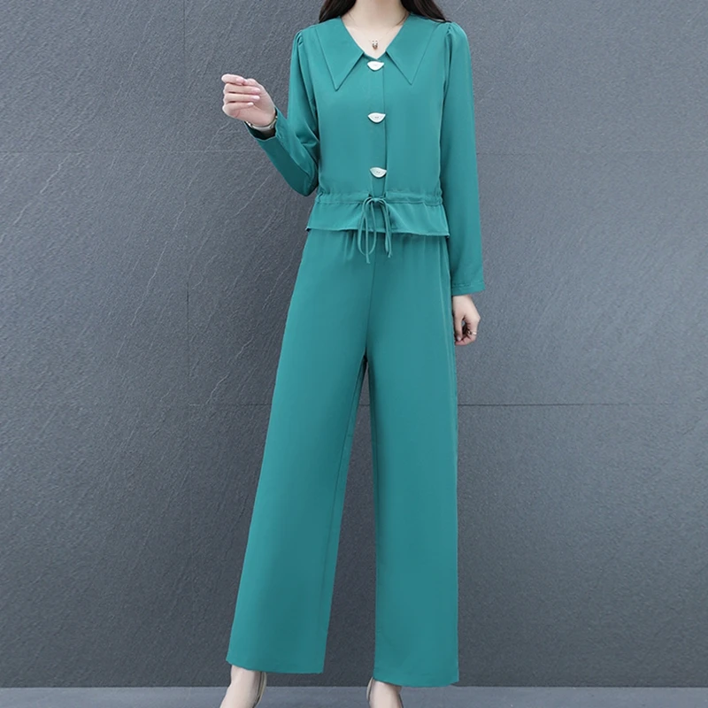

Autumn Women's Wide-leg Pants Suit 2021 New Fashion Foreign Temperament Pumping Top + Tooling Wide-leg Pants Two-piece Suit