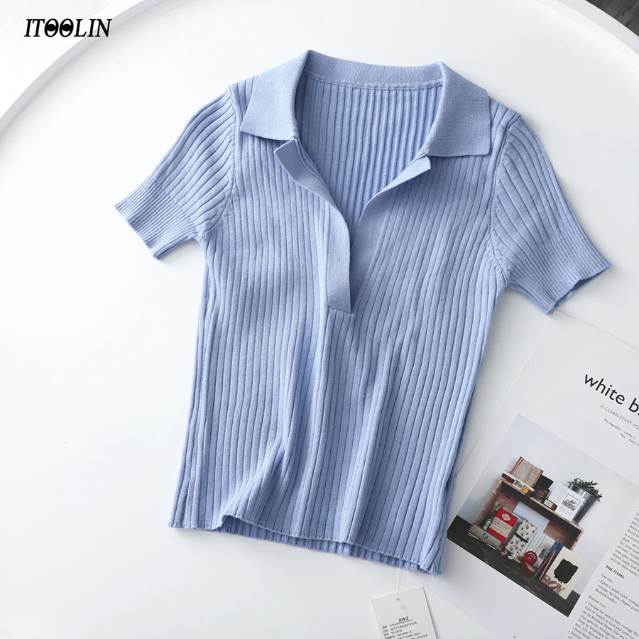 

ITOOLIN Crop Top Female Polo Shirts Summer Short Sleeve T-shirt Women's Vintage Clothes Ribbed Solid Slim Knit Top Cropped Tees