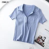 itoolin crop top female polo shirts summer short sleeve t shirt womens vintage clothes ribbed solid slim knit top cropped tees