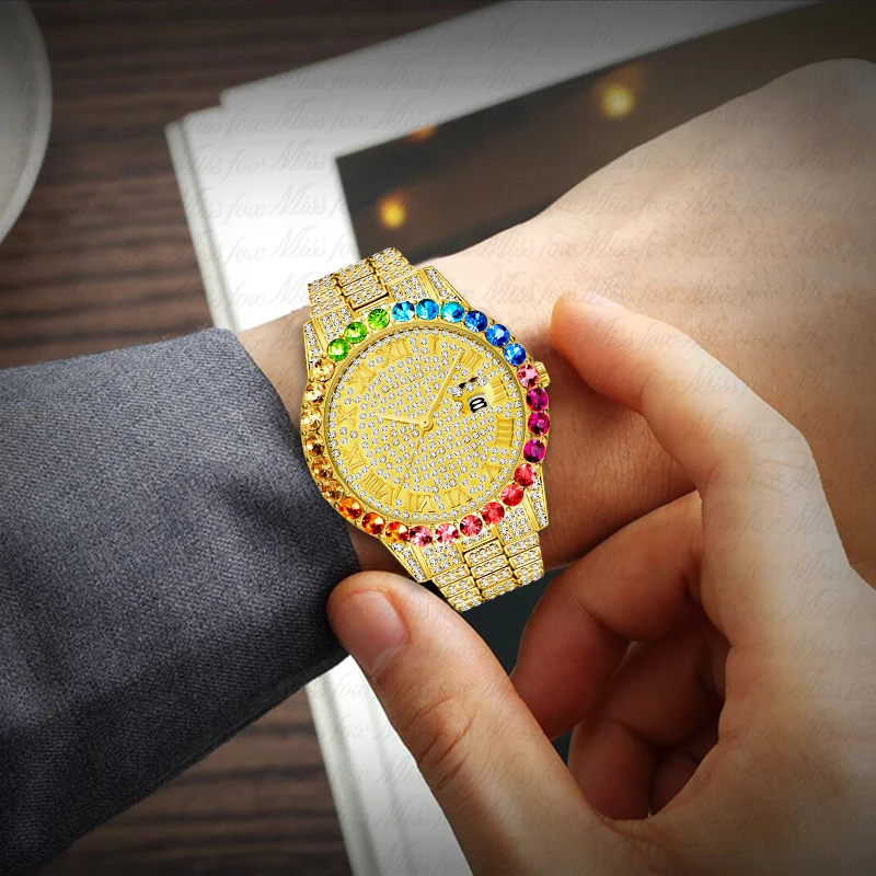 

New GOLD Rainbow Diamond Luxury Men's Watch 18K Gold Men's Watch Handmade Ice Crystal Quartz Watch