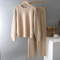 2 pieces sweater set women tracksuit o neck sweater loose trousers chic pullover sweater knitted carrot pants set