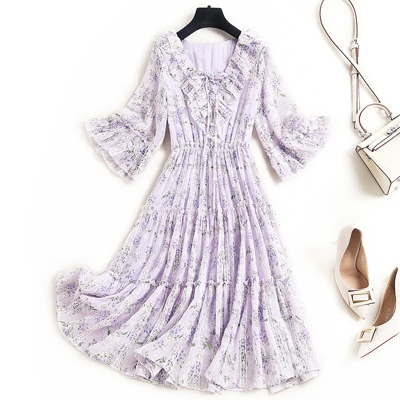 

2021 Summer V-Neck Stitching Ruffles 3/4 Flare Sleeves Floral Printed Women Elastic Waist Chiffon Temperament Dress