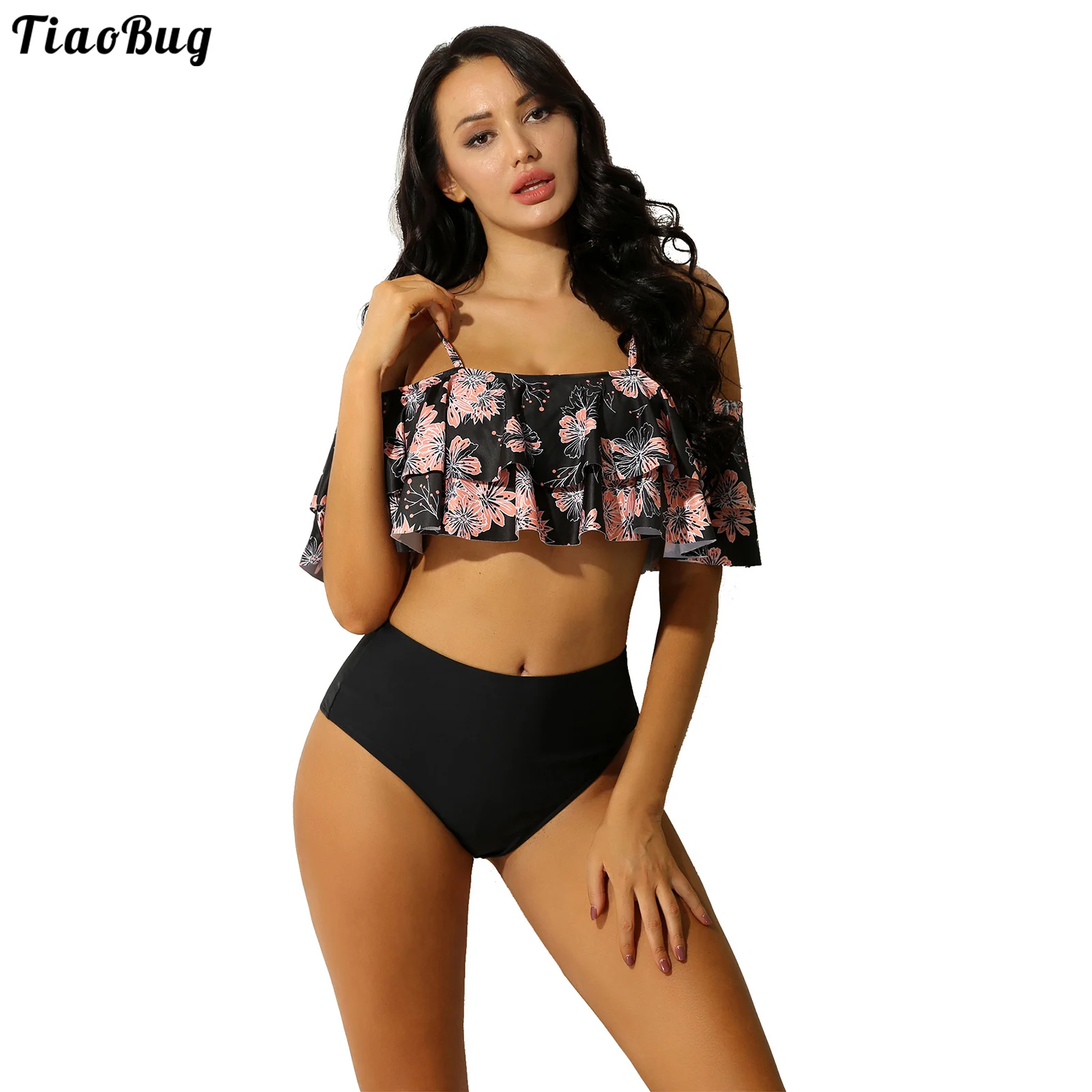 Купальник TiaoBug Женский с цветочным принтом открытыми плечами и оборками | Спорт