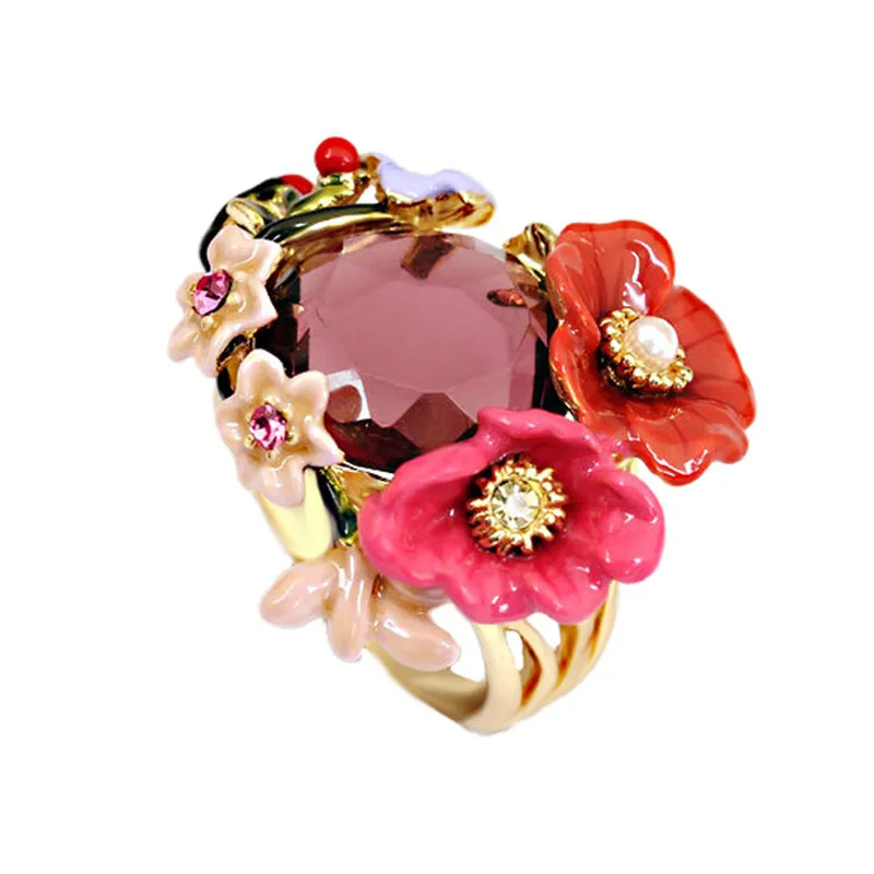 

Winter Garden Series Enamel Glaze Pink Flower Crystal Ring Ring Female Europe and America Style