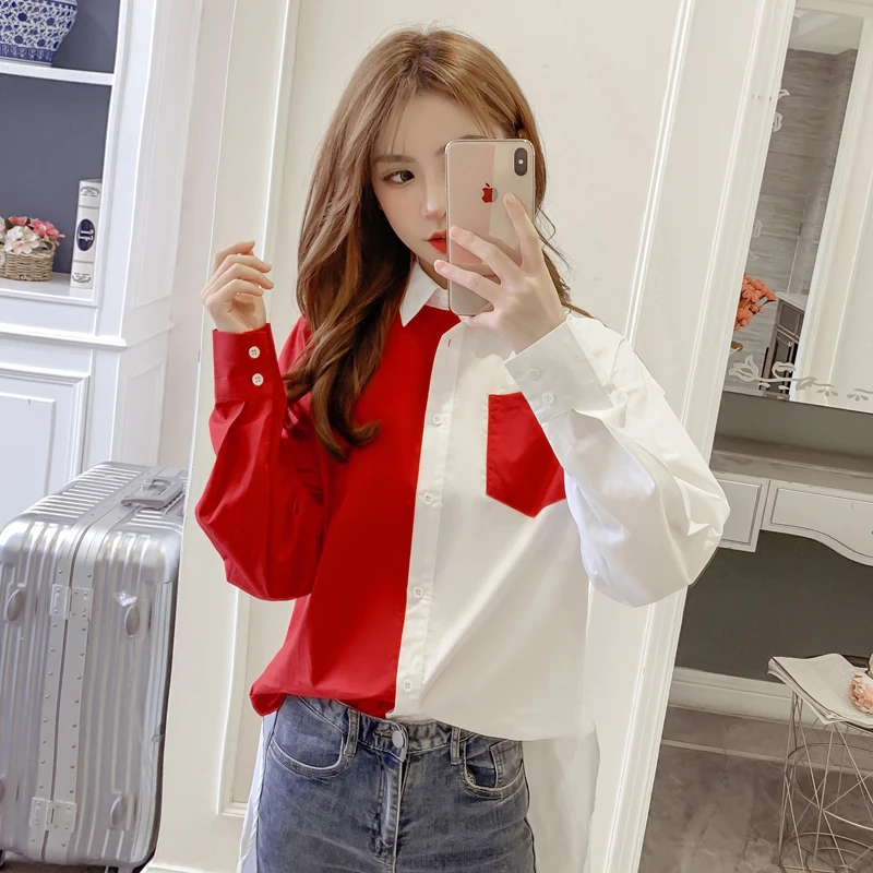 Женская рубашка с длинным рукавом Повседневная Свободная блузка составного кроя