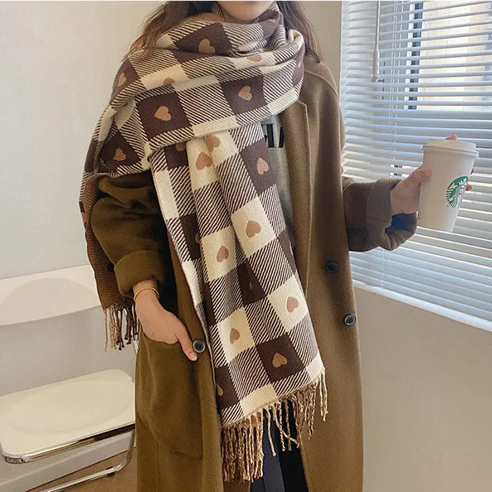 

Lady Autumn Winter Love Lattice Cashmere Scarf Korean Tassel Color Matching Scarfs Shawl Warm Neck Scarf Bandana Women Scarves